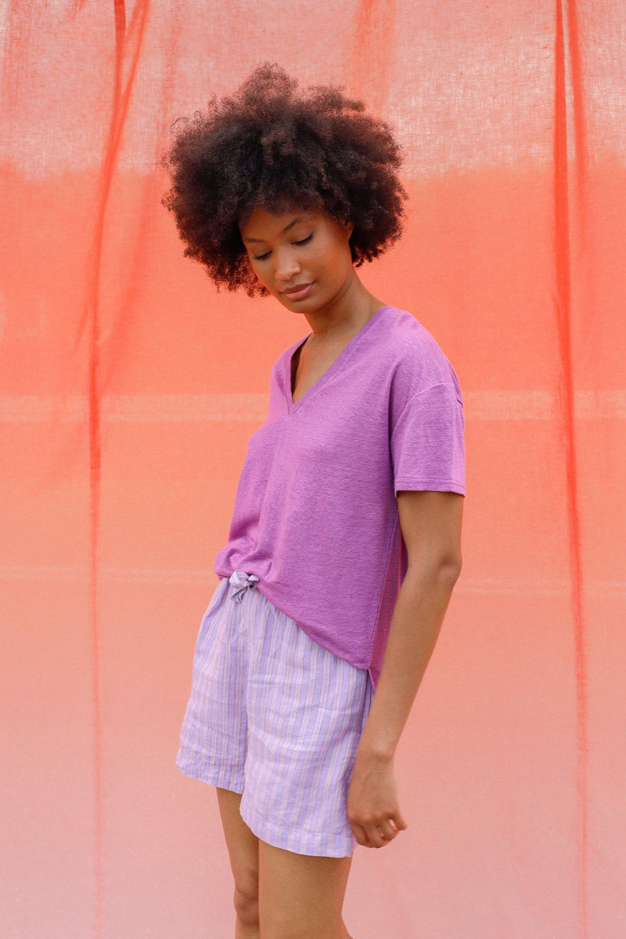 Indie & Cold Basic V Neck Linen T-Shirt - Lavender